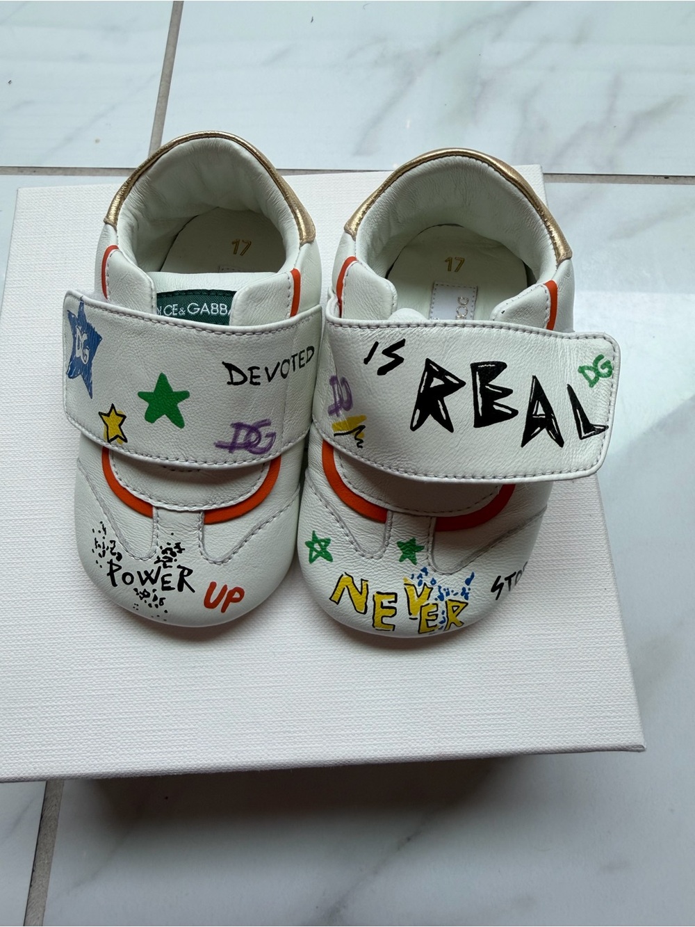 Dolce & Gabbana White Leather Graffiti Strap Baby Sneakers